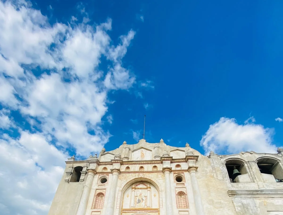 La Merced Church in Antigua Guatemala beneath a blue sky